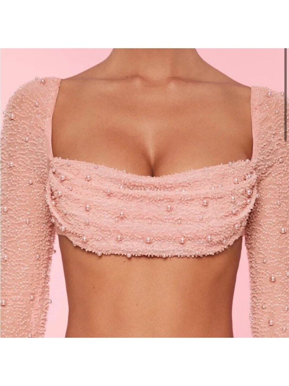 NWT OH POLLY La Desirade Embellished Cowl Neck Crop Top in Size 2 Blush - Picture 3 of 13